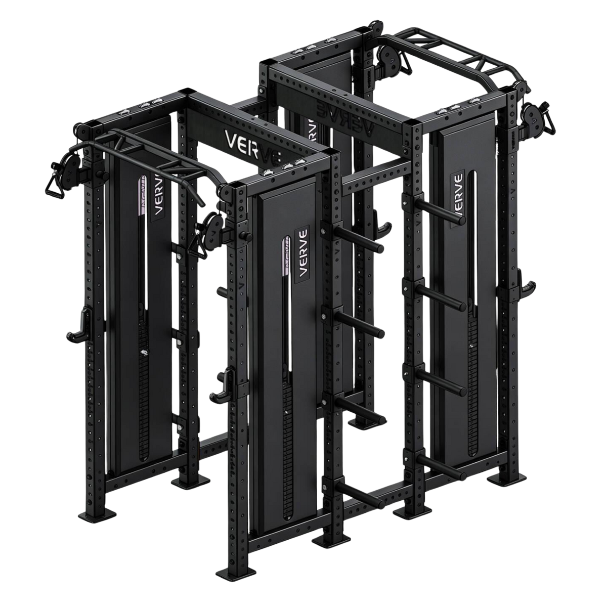 VERVE Tori Twin back-to-back functional trainer rack with two power-rack bays and four weight stacks
