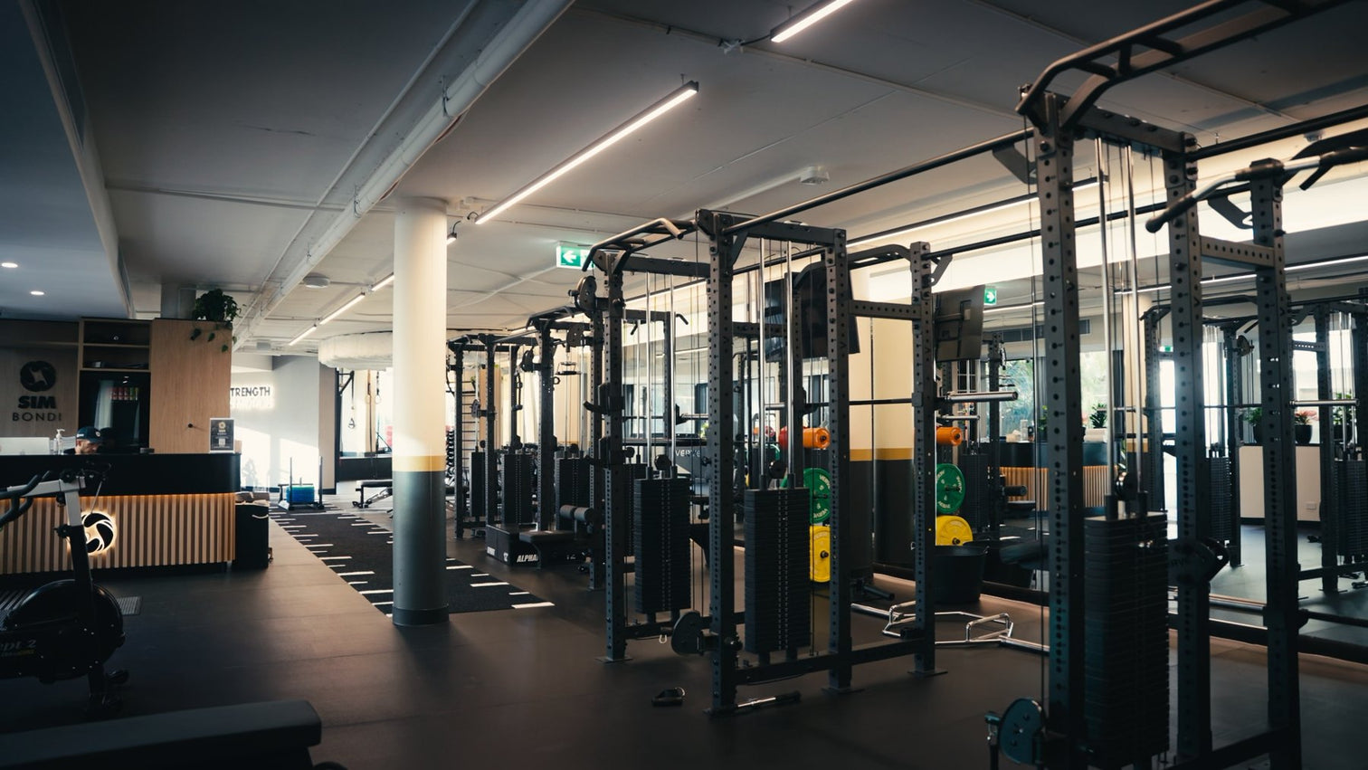 Commercial gym floor with racks and free weights, VERVE fit-out