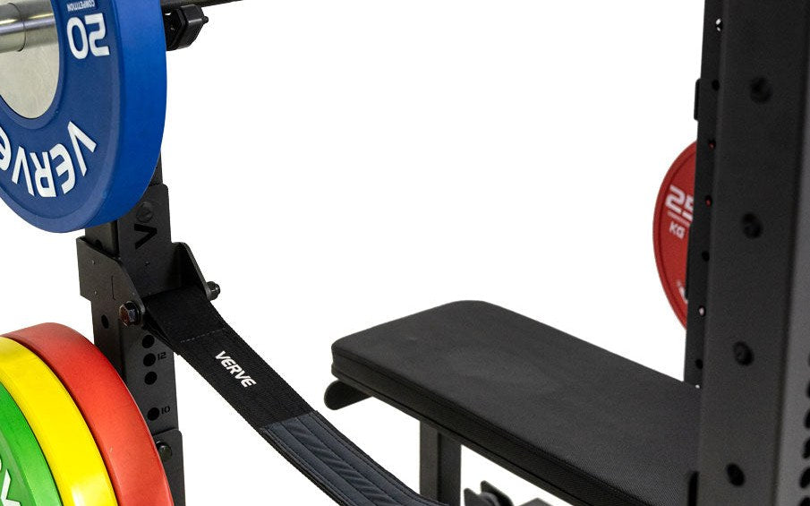VERVE Zen Power Rack with a bench set inside and a loaded bar