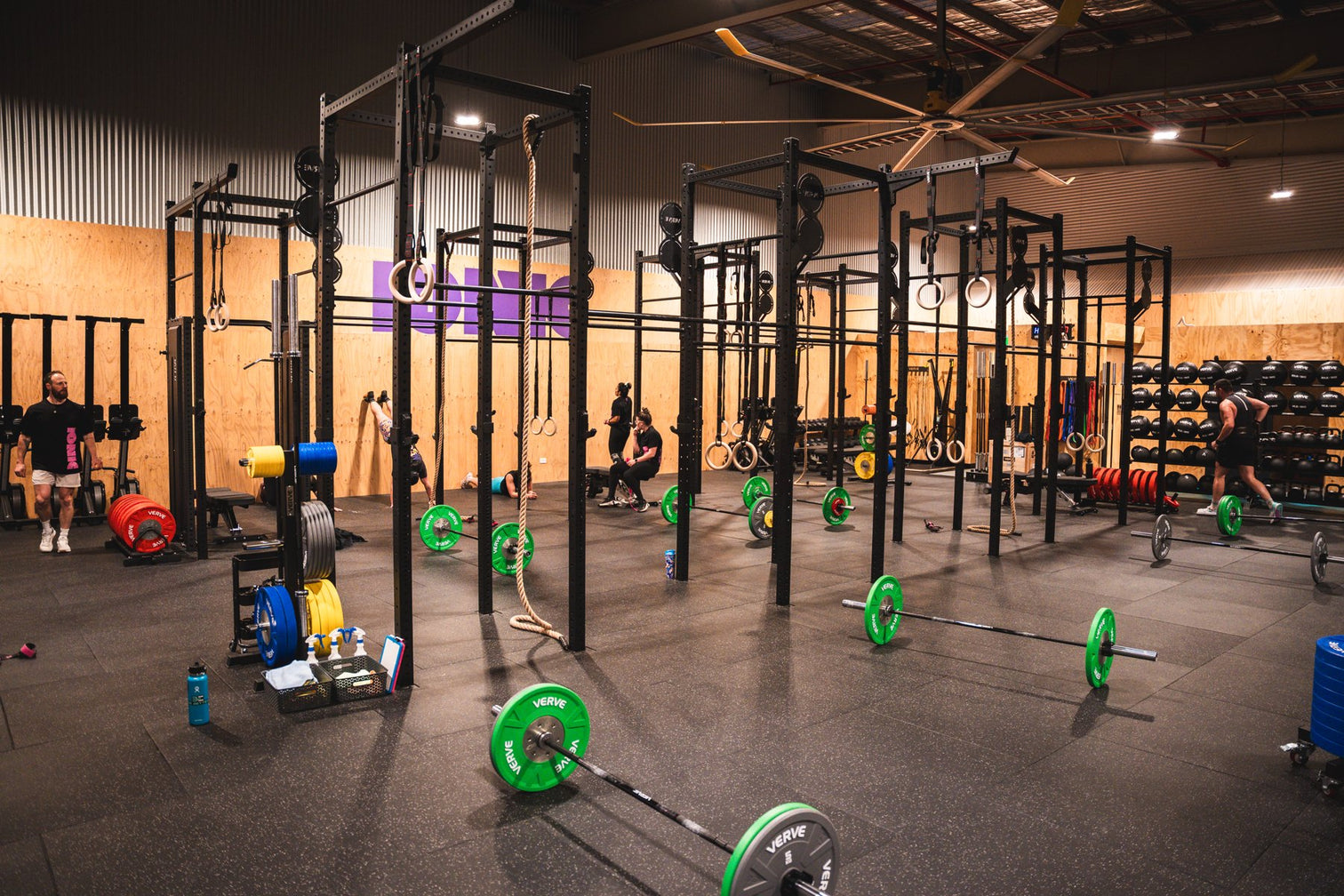 Gym floor with rigs and bumper plates, VERVE fit-out