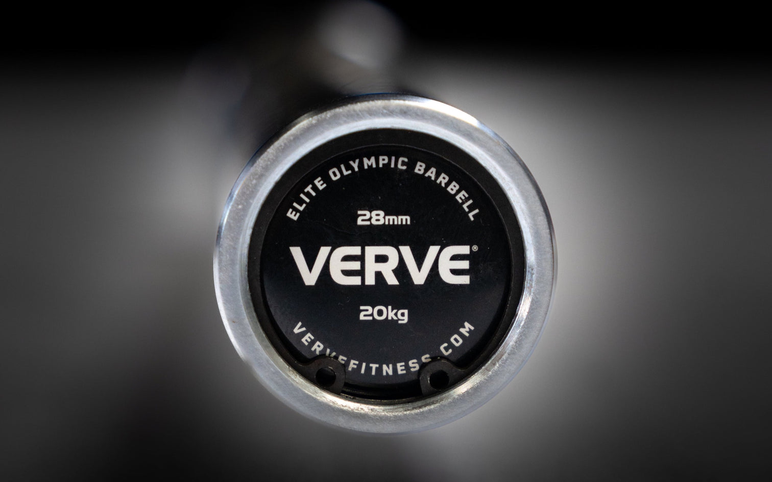 VERVE Elite Olympic Barbell end cap showing the 28mm shaft and 20kg weight marking