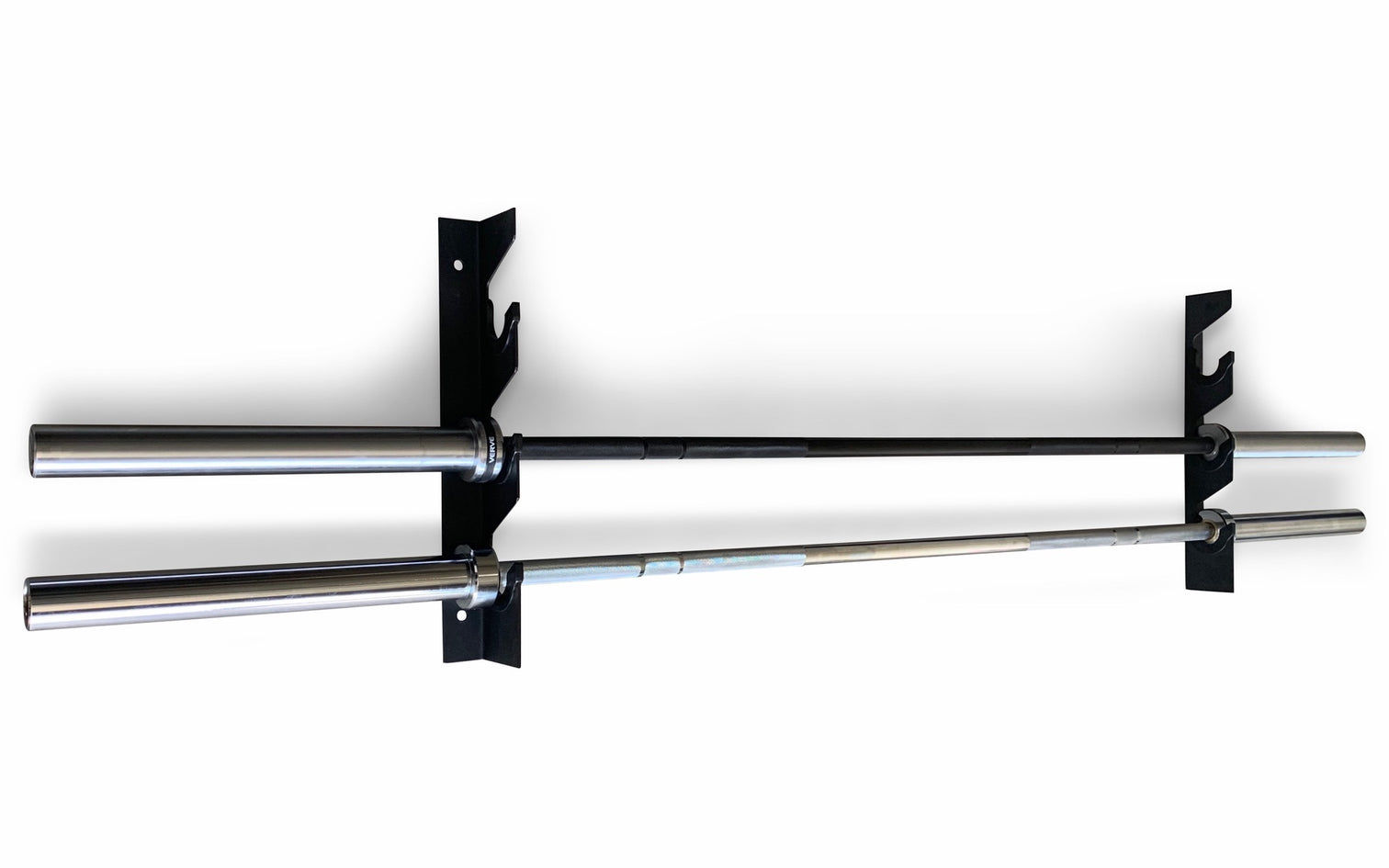 VERVE wall mounted barbell holder storing two Olympic barbells horizontally
