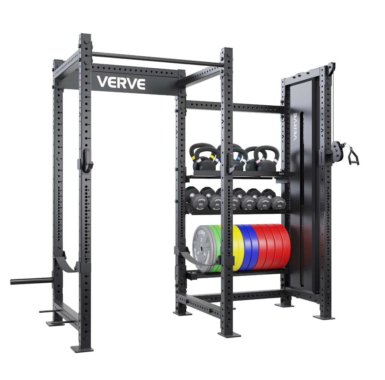 VERVE Zen power rack fitted with a Tori cable attachment, plate storage, J-hooks and safety arms