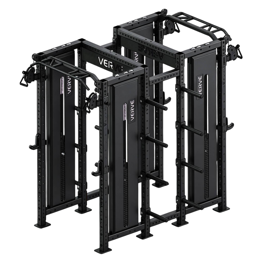 VERVE Tori Twin back-to-back functional trainer rack with two power-rack bays and four weight stacks
