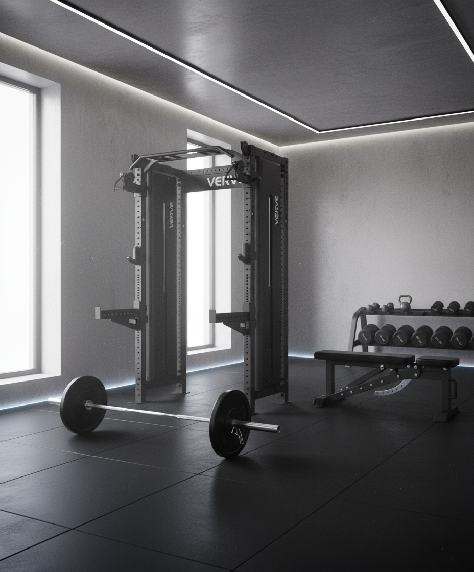 Verve squat rack setup in a minimalist home gym — includes power rack, bench, dumbbells, and barbell for full-body training.