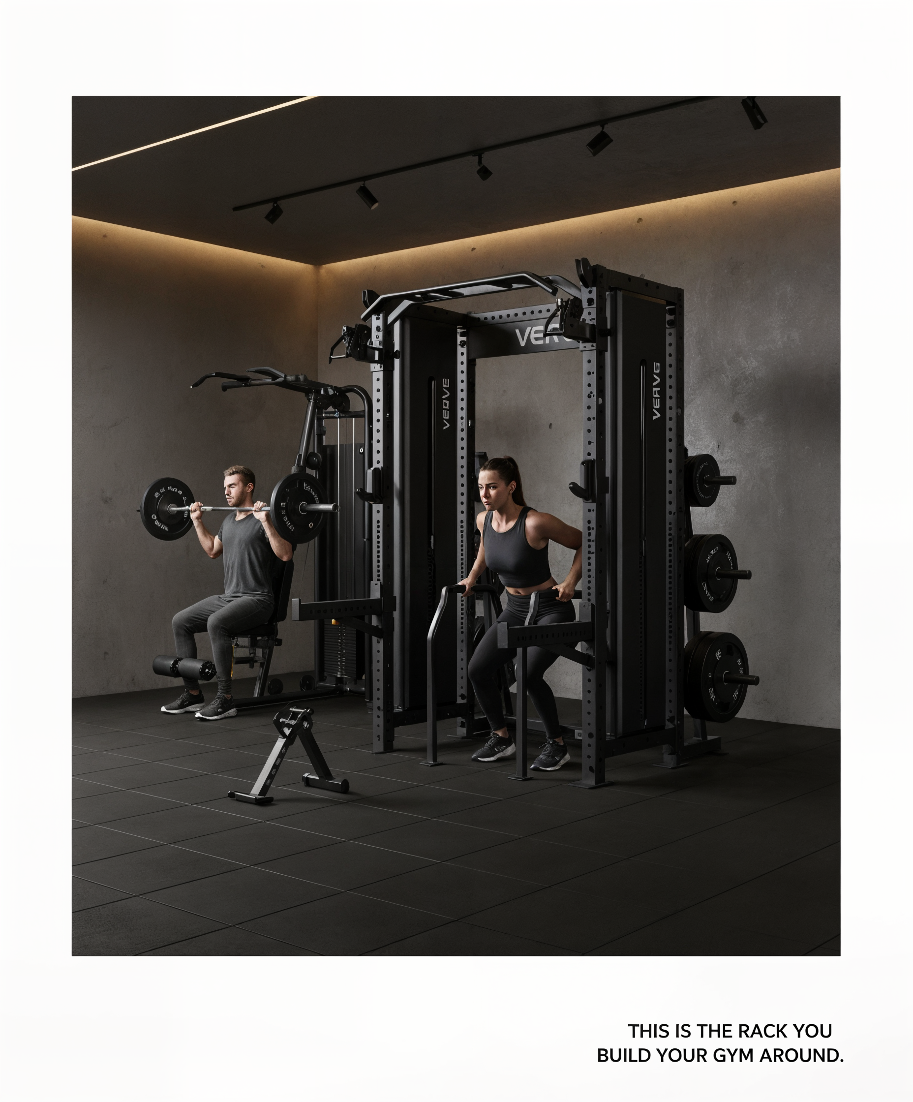 Verve squat rack setup in a minimalist home gym — includes power rack, bench, dumbbells, and barbell for full-body training.