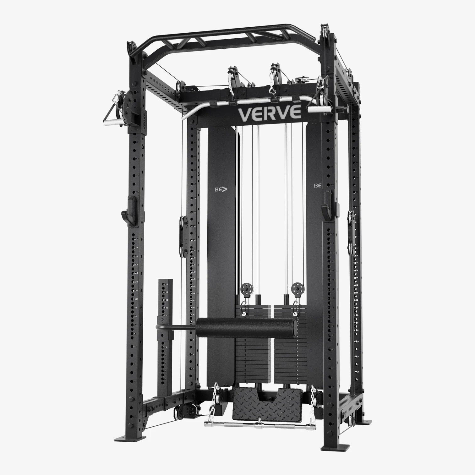 Verve Ozeki power rack with integrated cable system — full-featured squat rack for advanced strength training and home gyms.