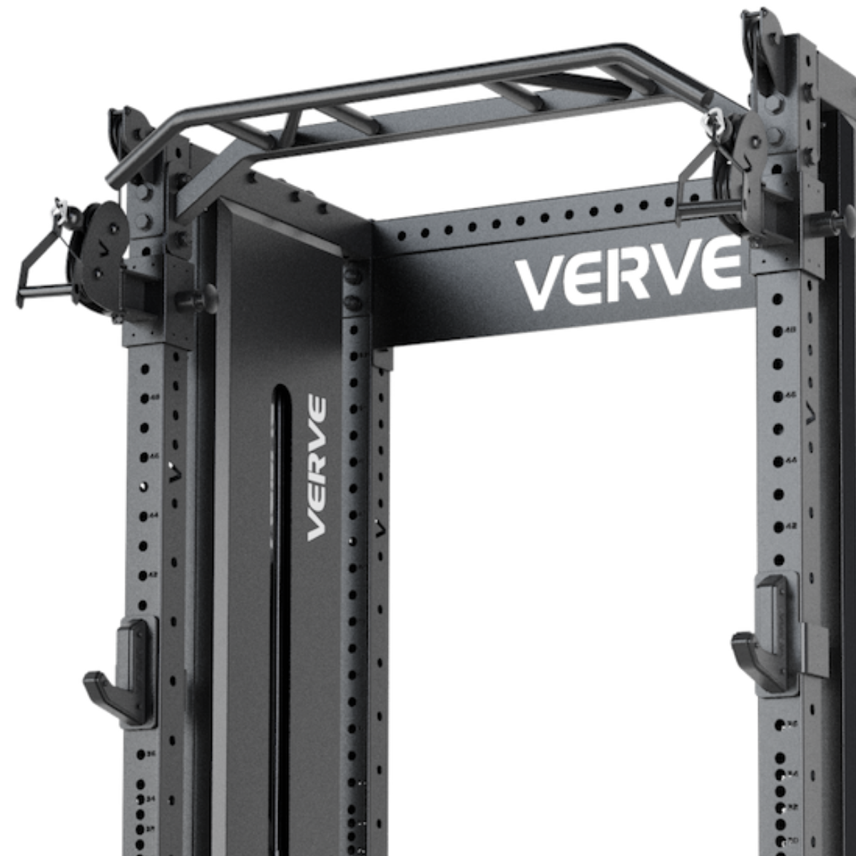 Close up of VERVE Tori Functional Trainer 75 x 75mm steel upright with laser cut numbering and matte black powder coat finish