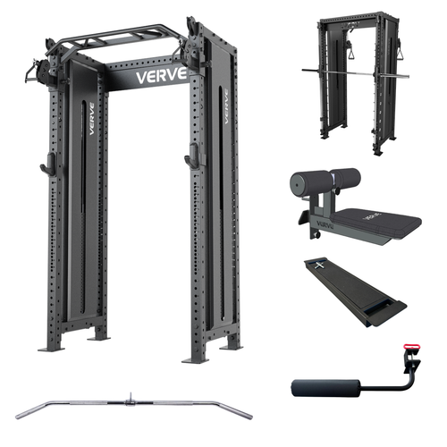 VERVE Tori Elite Bundle contents: Tori Functional Trainer, Smith Machine Attachment, seats, leg roller and cable accessories