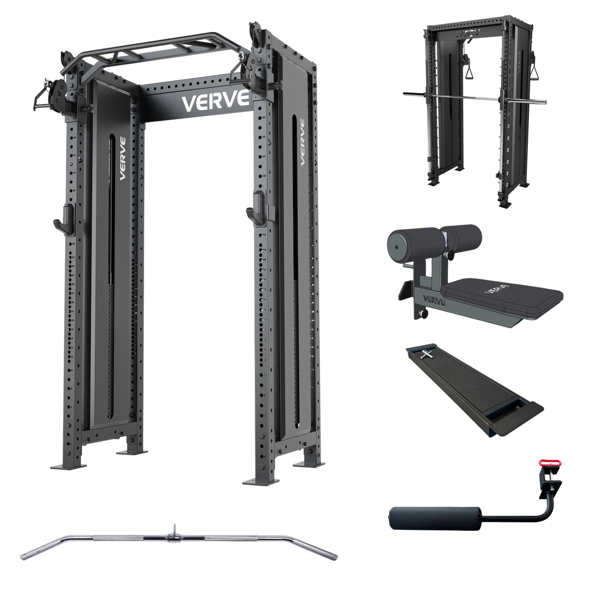 VERVE Tori Elite Bundle contents: Tori Functional Trainer, Smith Machine Attachment, seats, leg roller and cable accessories