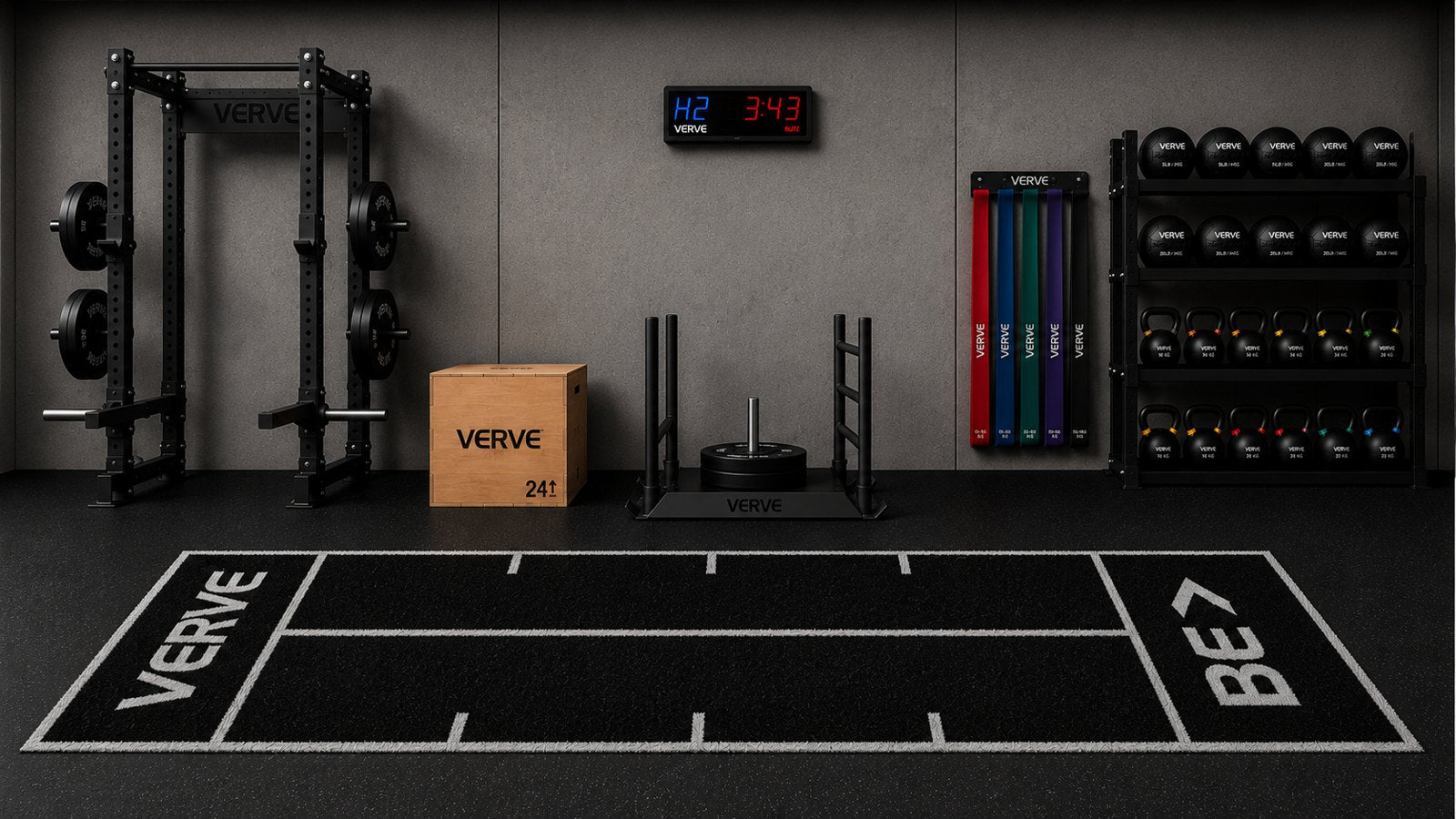 VERVE custom logo turf installed in a gym fit-out with sled, rack and racking