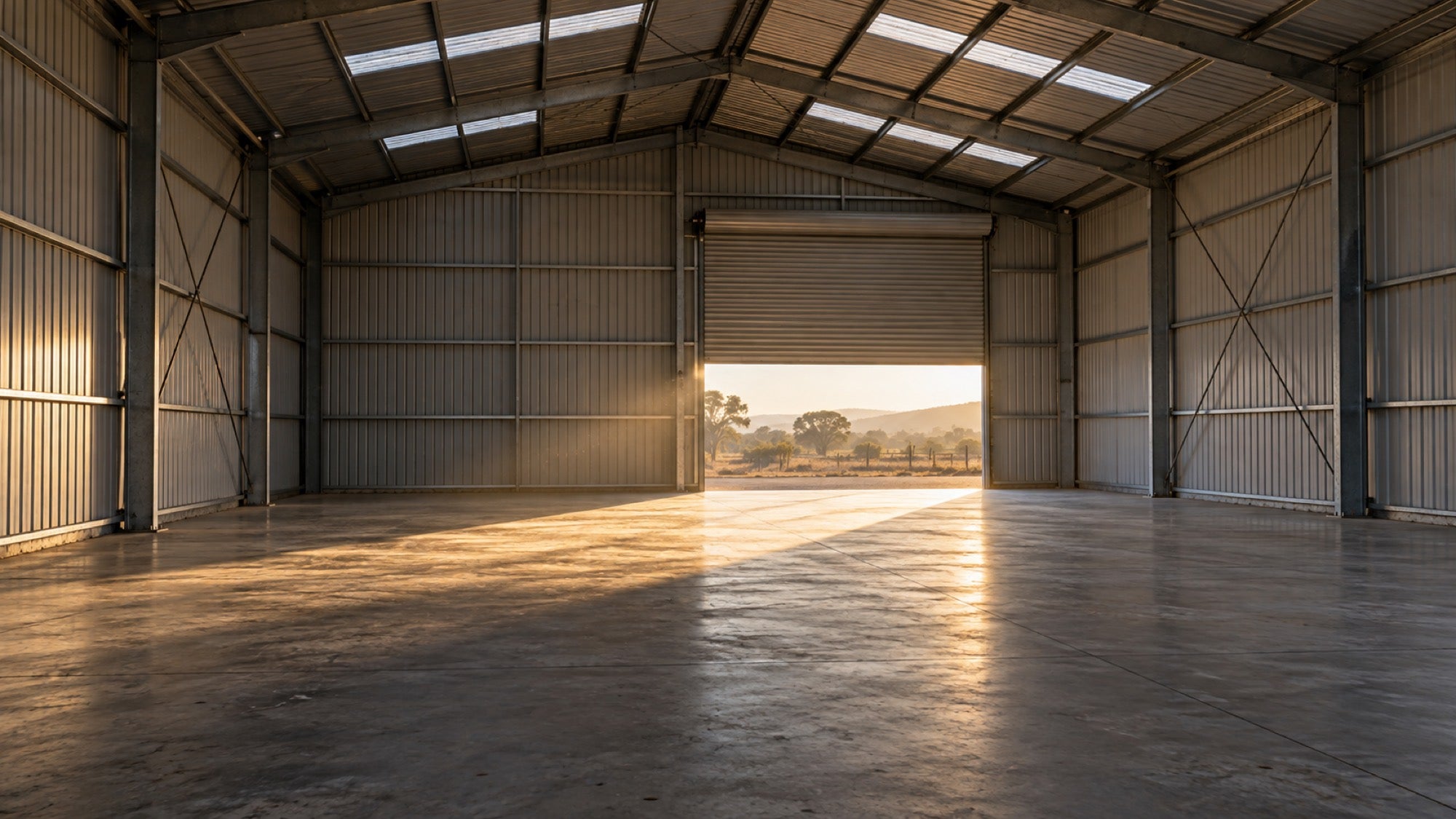 An empty industrial shed at sunrise, roller door half open