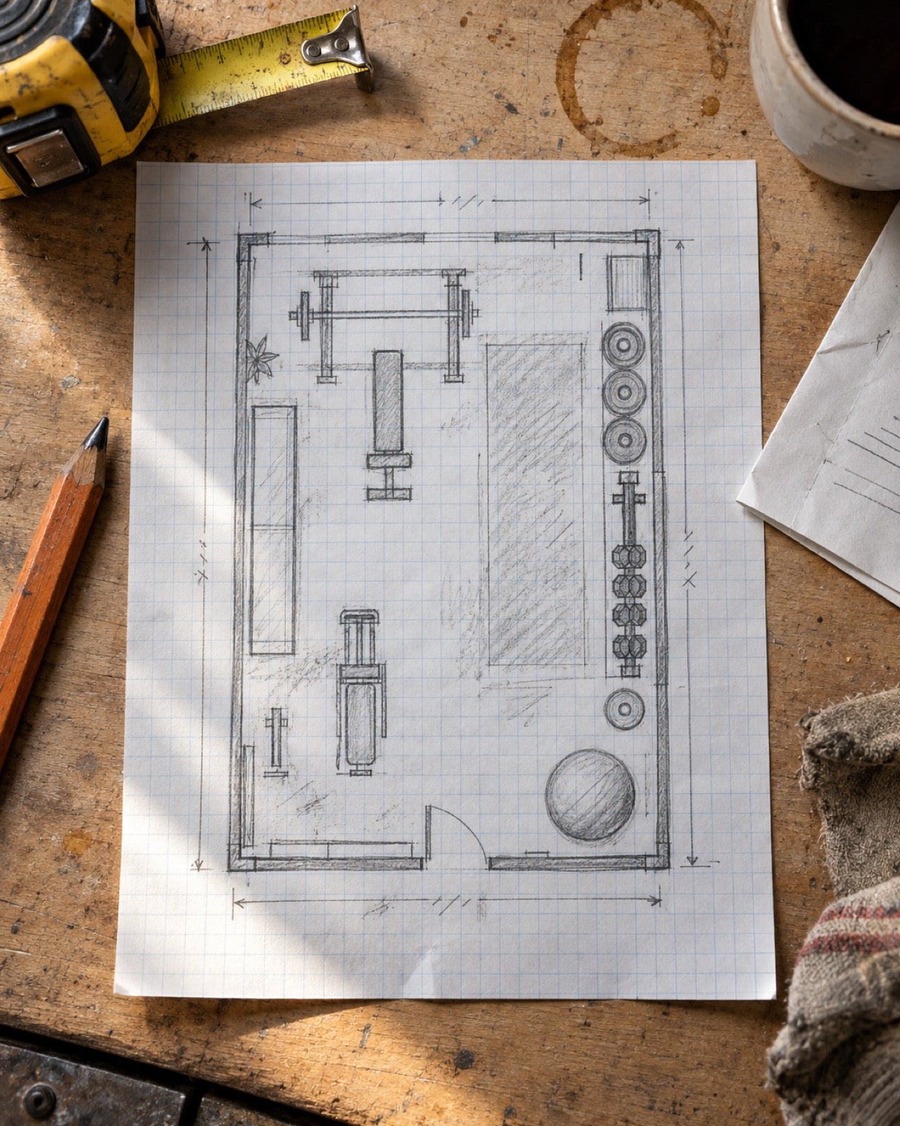 A pencil floor plan of a gym on graph paper beside a tape measure